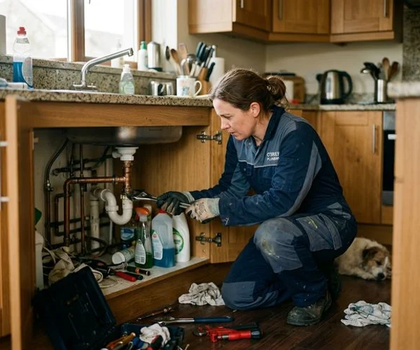 Professional emergency plumber repairing pipes in an Irish home