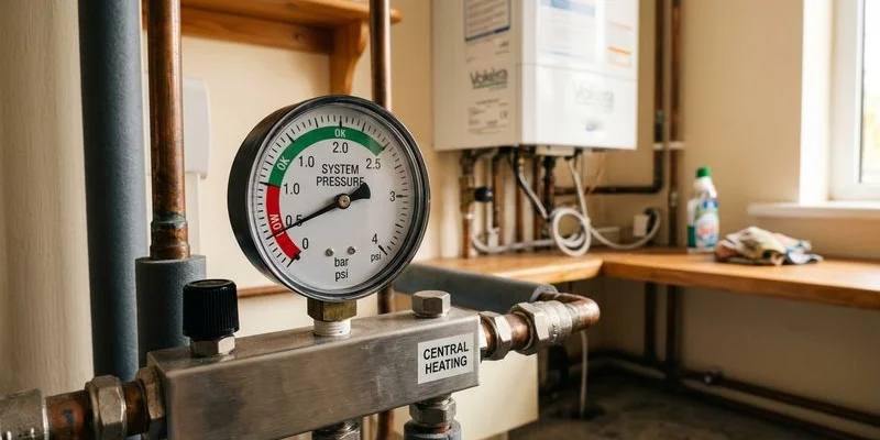 Boiler pressure gauge showing low reading below one bar indicating system pressure loss and potential leak