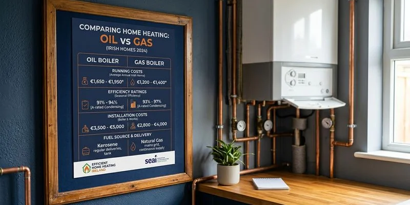 Comparison chart showing oil and gas boiler costs running expenses and efficiency ratings for Irish homes