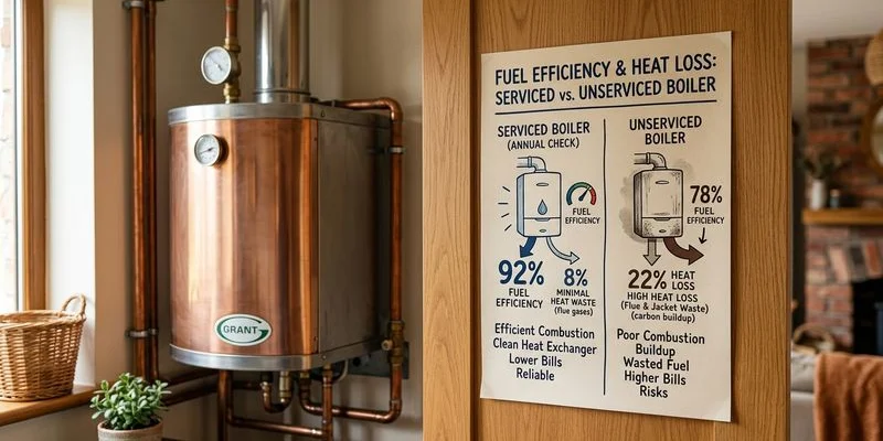 Comparison diagram showing fuel efficiency of serviced versus unserviced boiler with percentage heat loss