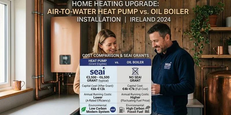 Side by side cost comparison infographic for heat pump versus oil boiler installation in Ireland with SEAI grant