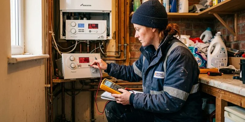 Engineer inspecting boiler control panel and error codes with diagnostic tools during service call