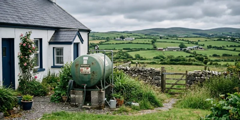 Oil storage tank in back garden of rural Irish home with countryside landscape and stone wall