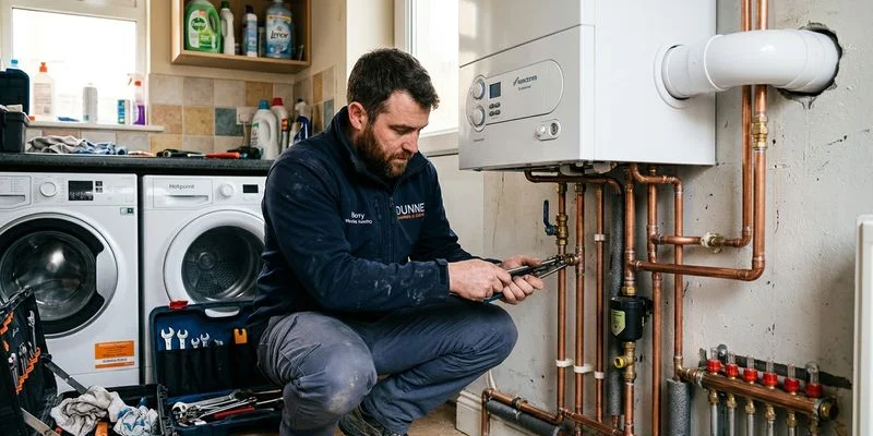 Plumber installing new condensing boiler in utility room with copper pipework and flue components visible