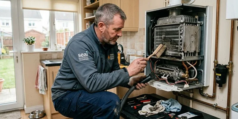 Qualified heating engineer cleaning boiler heat exchanger during annual service visit in Irish home