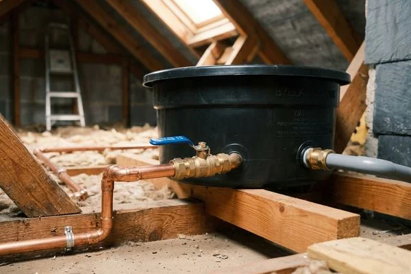 Ball valve and overflow pipe connected to a newly installed attic cold water tank