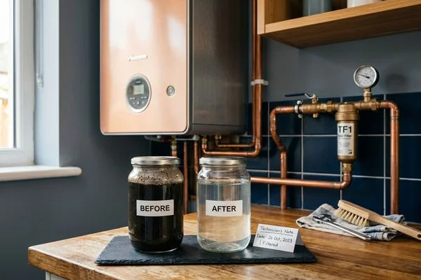 Before and after water samples showing sludge removal from central heating