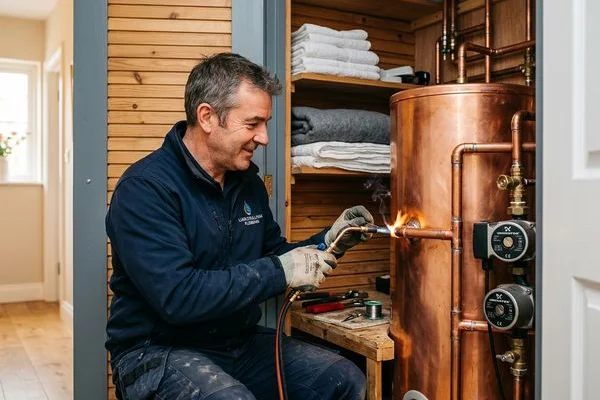 Copper hot water cylinder being installed in an airing cupboard