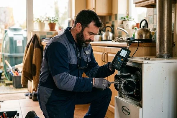 Engineer performing annual oil boiler service with flue gas analyser readings