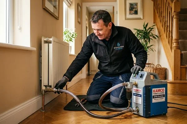 Kamco power flushing machine clearing iron oxide sludge from radiators