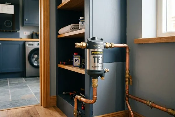 Magnetic filter fitted to heating return pipe after a full system flush