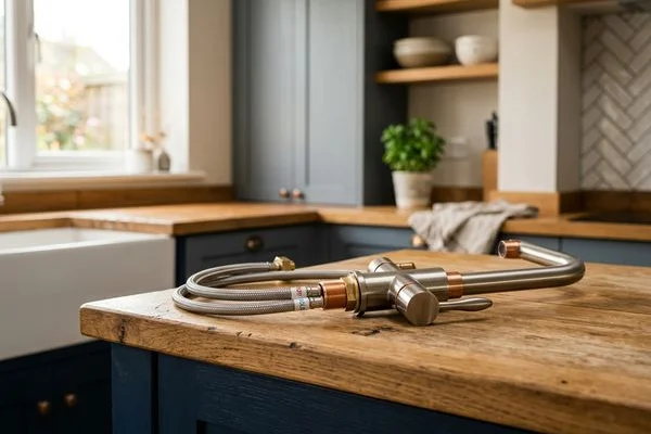 Monobloc kitchen tap with flexible hose connectors prepared for fitting