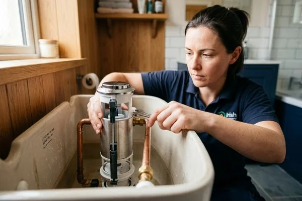 New dual flush mechanism being installed inside a toilet cistern