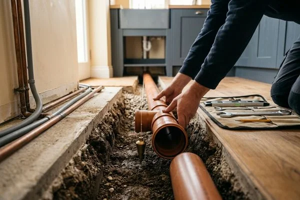 New PVC drainage pipe being laid with correct fall gradient in a trench