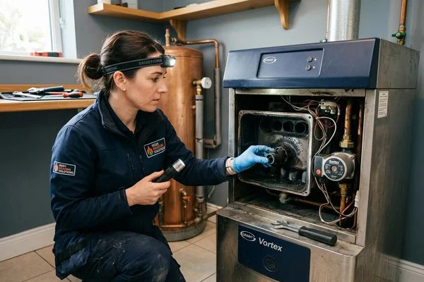 Oil boiler combustion chamber inspection during a breakdown repair callout