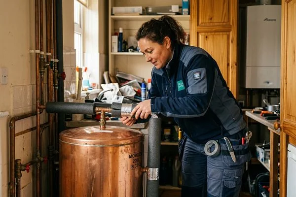 Plumber insulating and lagging a new hot water cylinder for efficiency