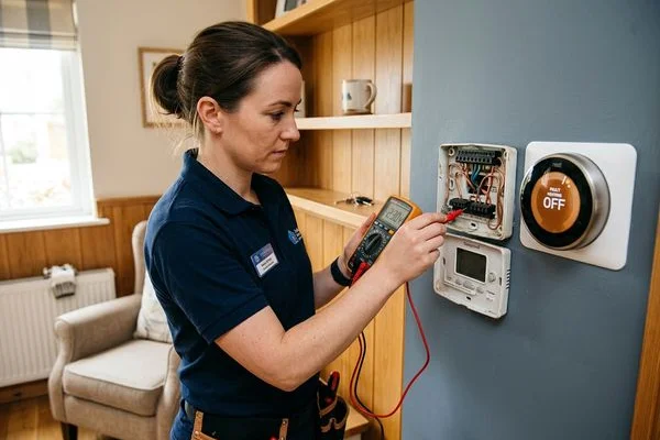 Testing a thermostat and programmer during a heating fault diagnosis visit