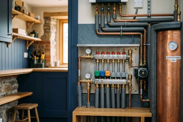 Underfloor heating manifold and buffer tank setup for air-to-water heat pump system