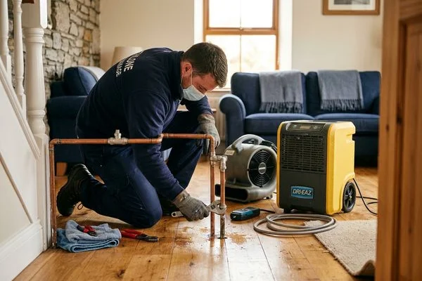 Water damage mitigation work following a burst pipe in a residential property
