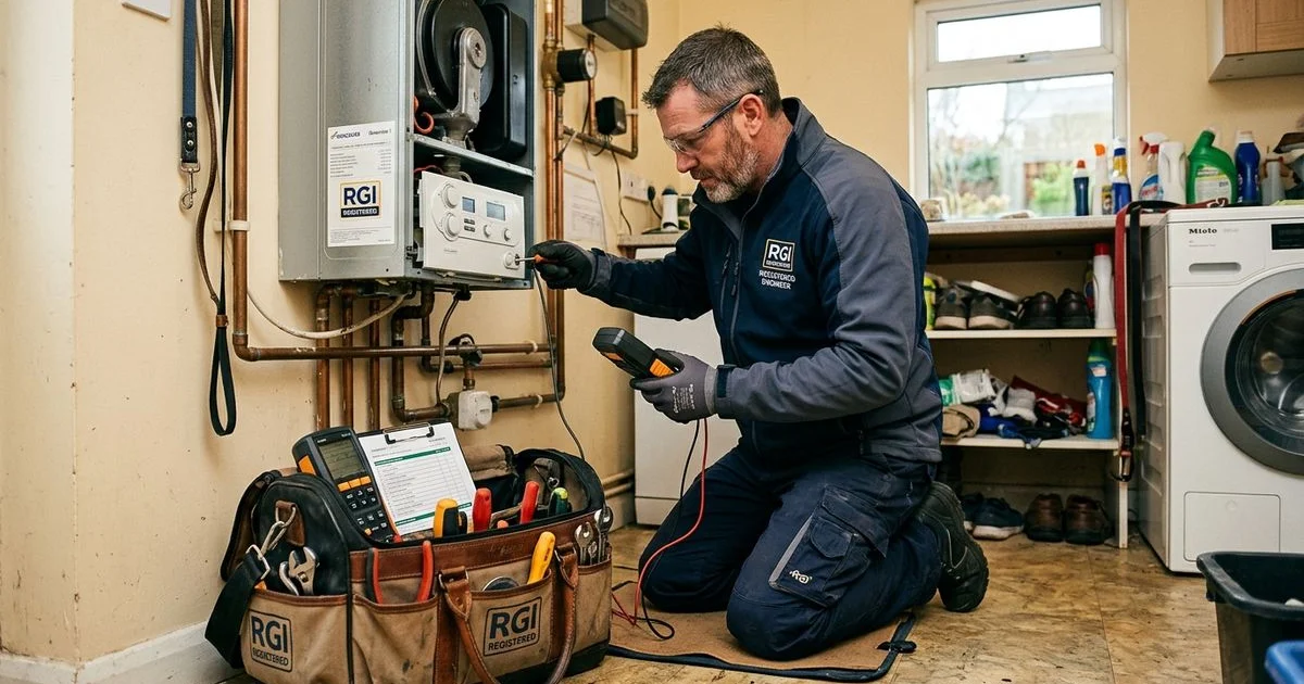 RGI registered engineer performing an annual boiler service inspection with diagnostic tools