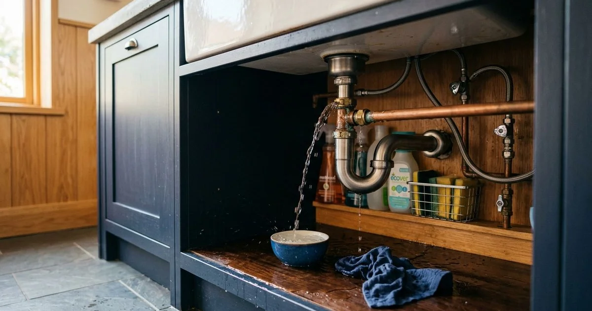 Warning signs of a plumbing emergency with water leaking under a kitchen sink