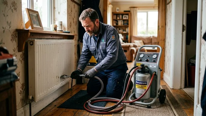 Professional heating engineer connecting a power flush machine to a central heating system with radiators visible in background