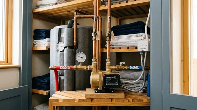 Modern shower booster pump installed in an airing cupboard connected to hot and cold water pipes for improved pressure