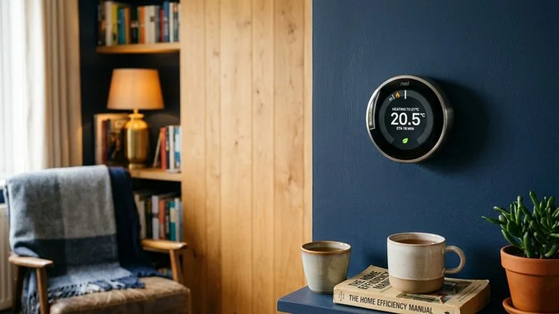 Modern smart thermostat mounted on a living room wall showing temperature controls for an energy-efficient Irish home
