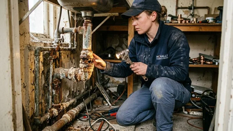 Plumber inspecting old corroded galvanised steel water pipes in an Irish home showing mineral deposit buildup inside