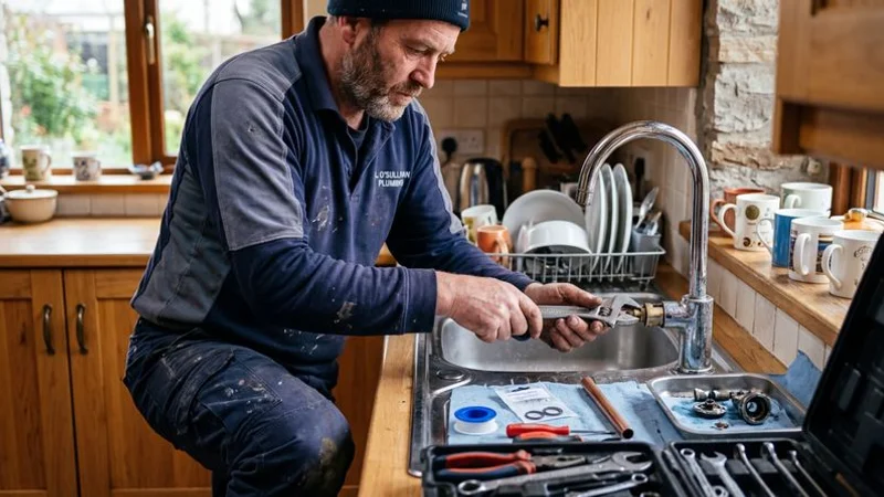 Professional plumber repairing a modern mixer tap in a kitchen with tools and replacement parts laid out nearby
